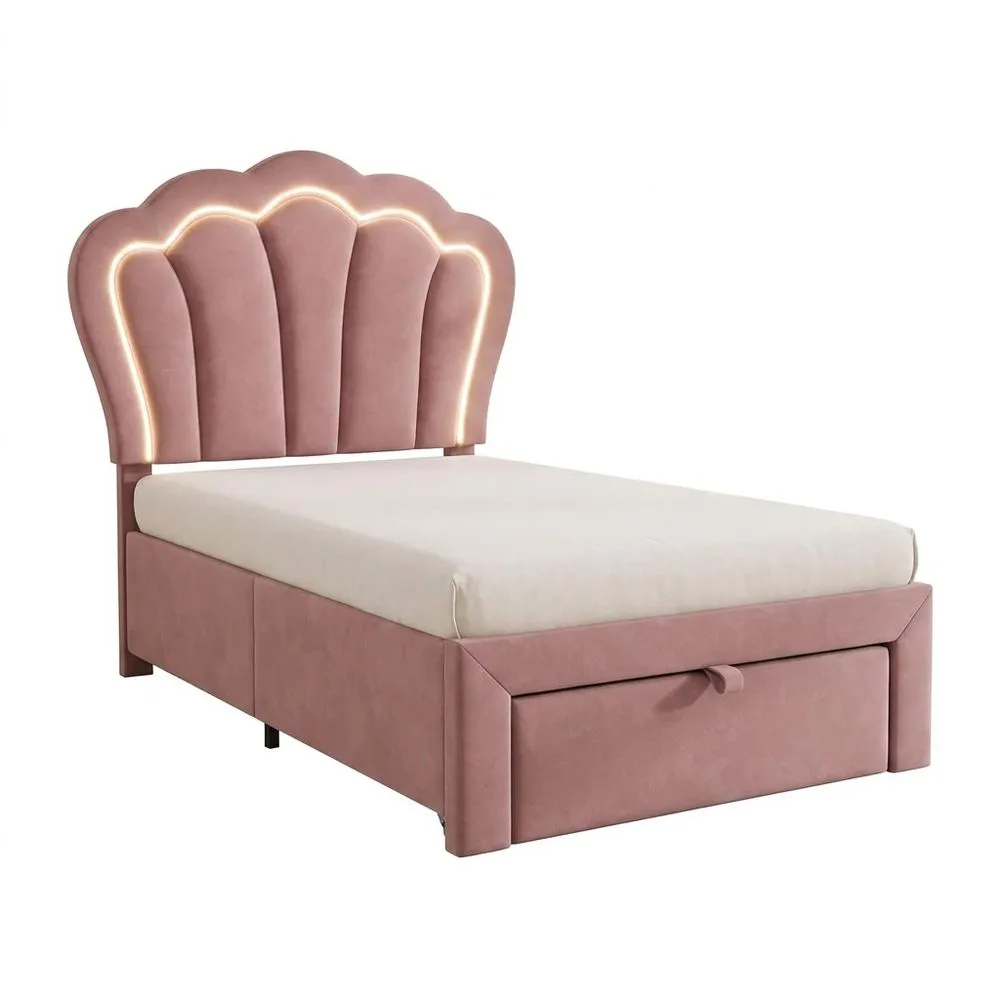 Cama Infantil LED con Cajones, Control APP, Cabecero Ajustable, Rosa Terciopelo (90 x 190 cm)-Selvorianez