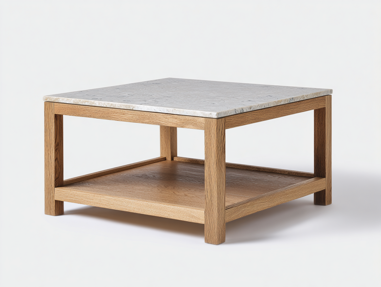 Table Basse Bois et Pierre 85x85x45 cm-Chêne et Blanc-Style Moderne Salon-Madiahaven