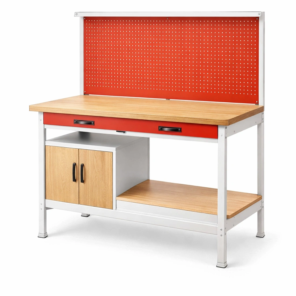 Banco de trabajo de MDF y acero con tablero perforado rojo-decolorae
