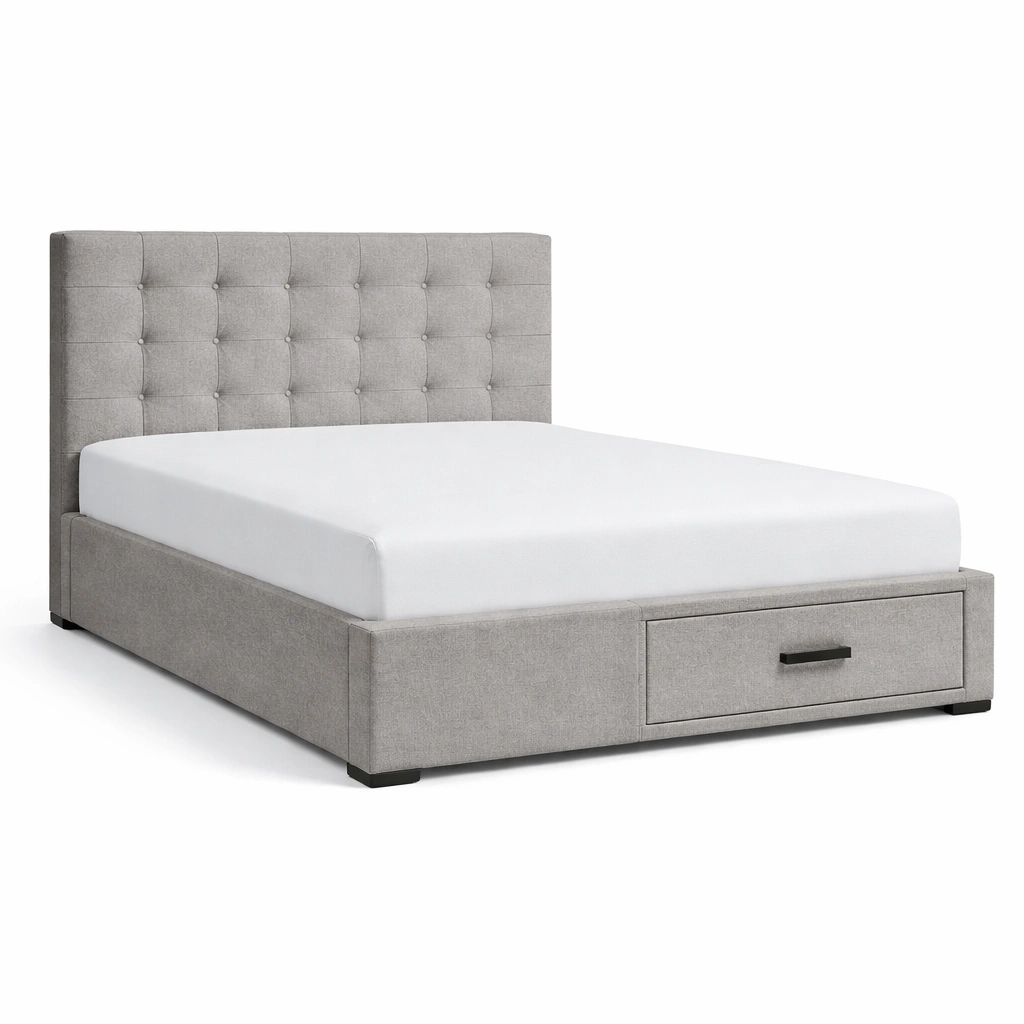 Cama con almacenamiento tapizada de poliéster gris-decolorae