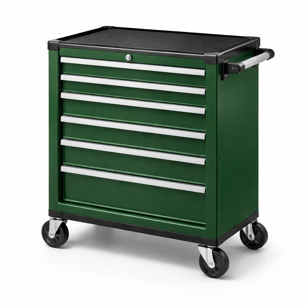 Carro de herramientas de metal verde con ruedas y 6 cajones-decolorae