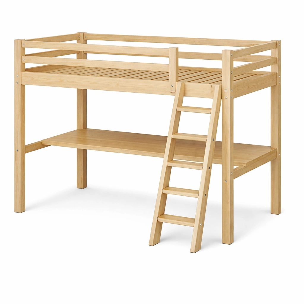 Cama loft de madera de pino natural con escalera-nestmira