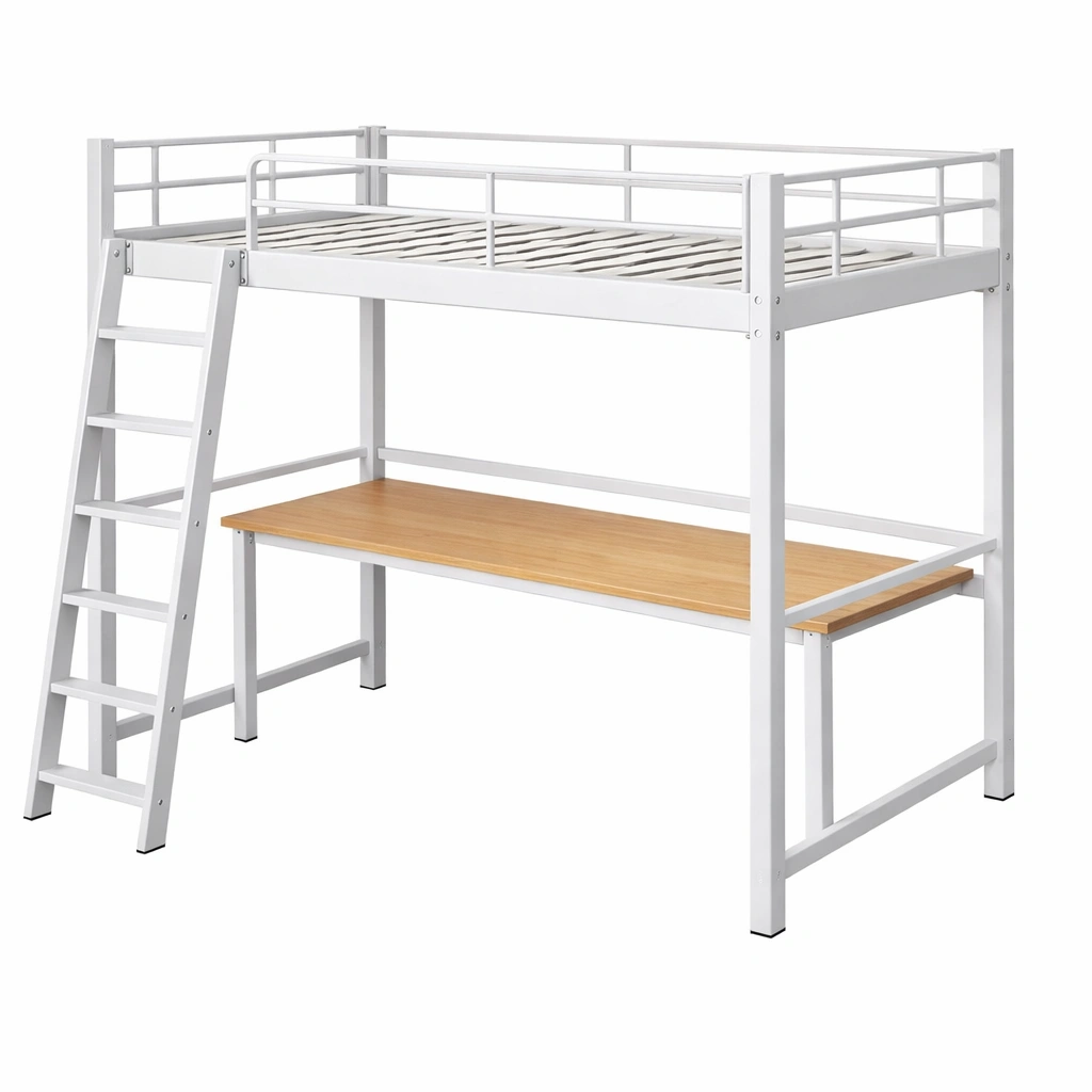 Cama loft de metal blanco con escritorio de madera-nestmira