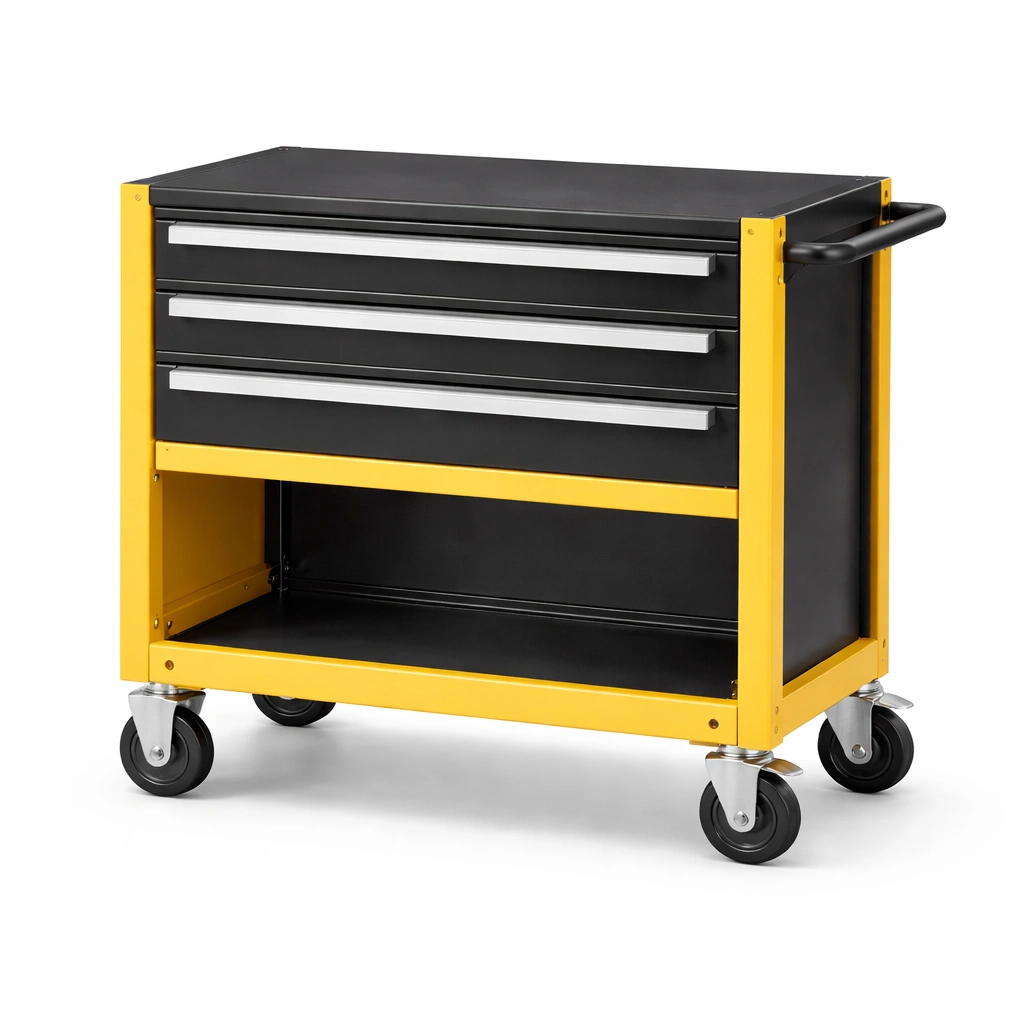 Carro de herramientas de acero con cajones y estante amarillo y negro-nestmira