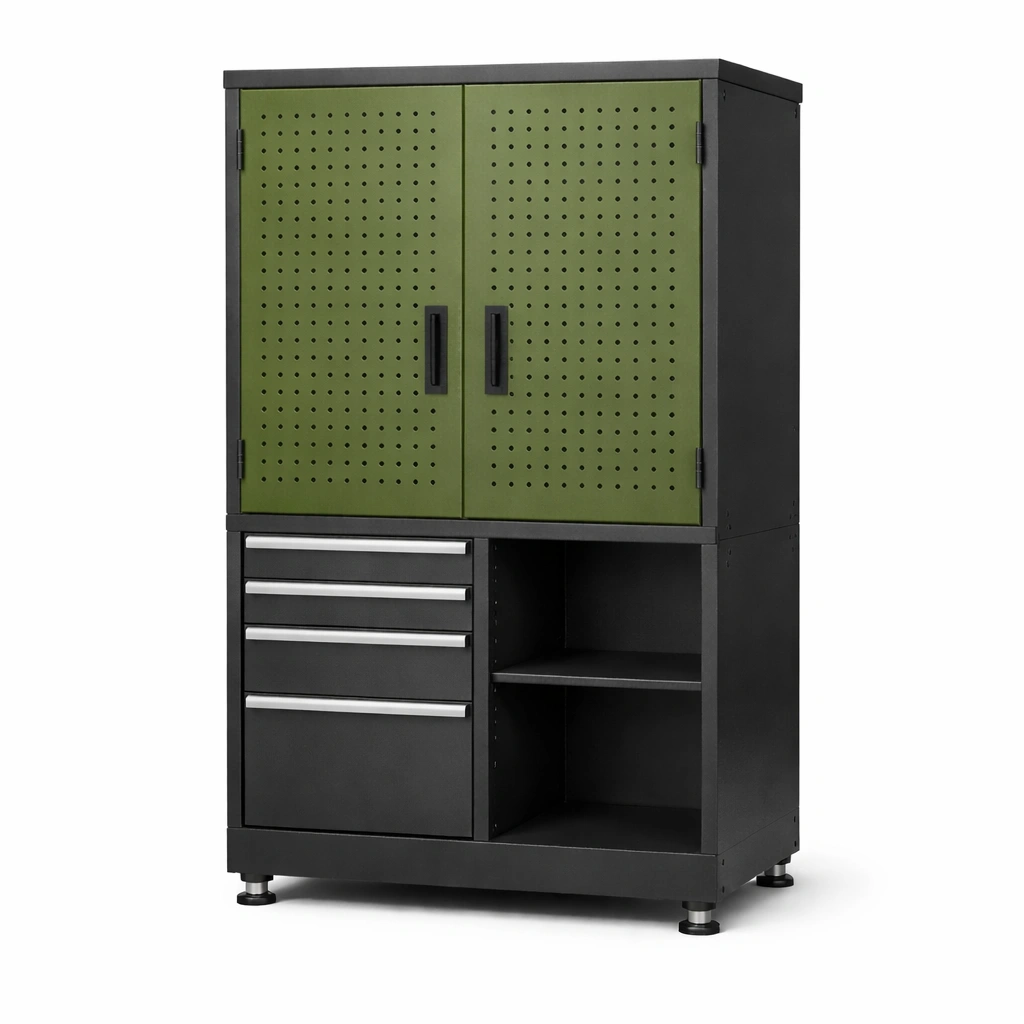 Armario de herramientas metálico con puertas verdes y cajones-nestmira