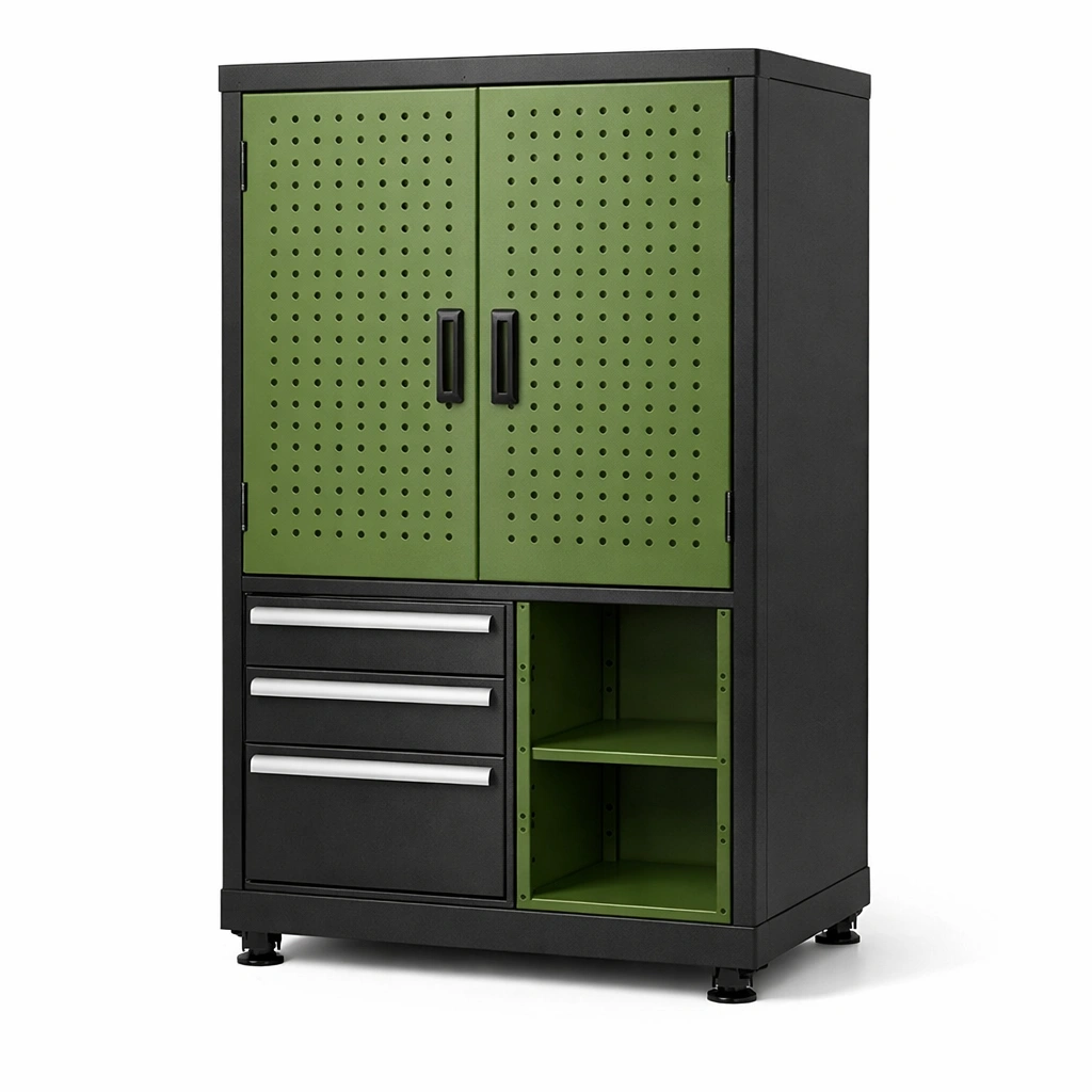 Armario de herramientas de metal con puertas perforadas negro y verde 90x40x180 cm-nestmira
