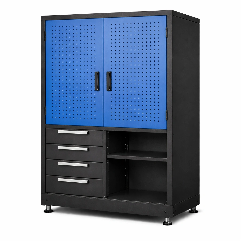 Armario de herramientas de metal con puertas perforadas azules y negro-nestmira
