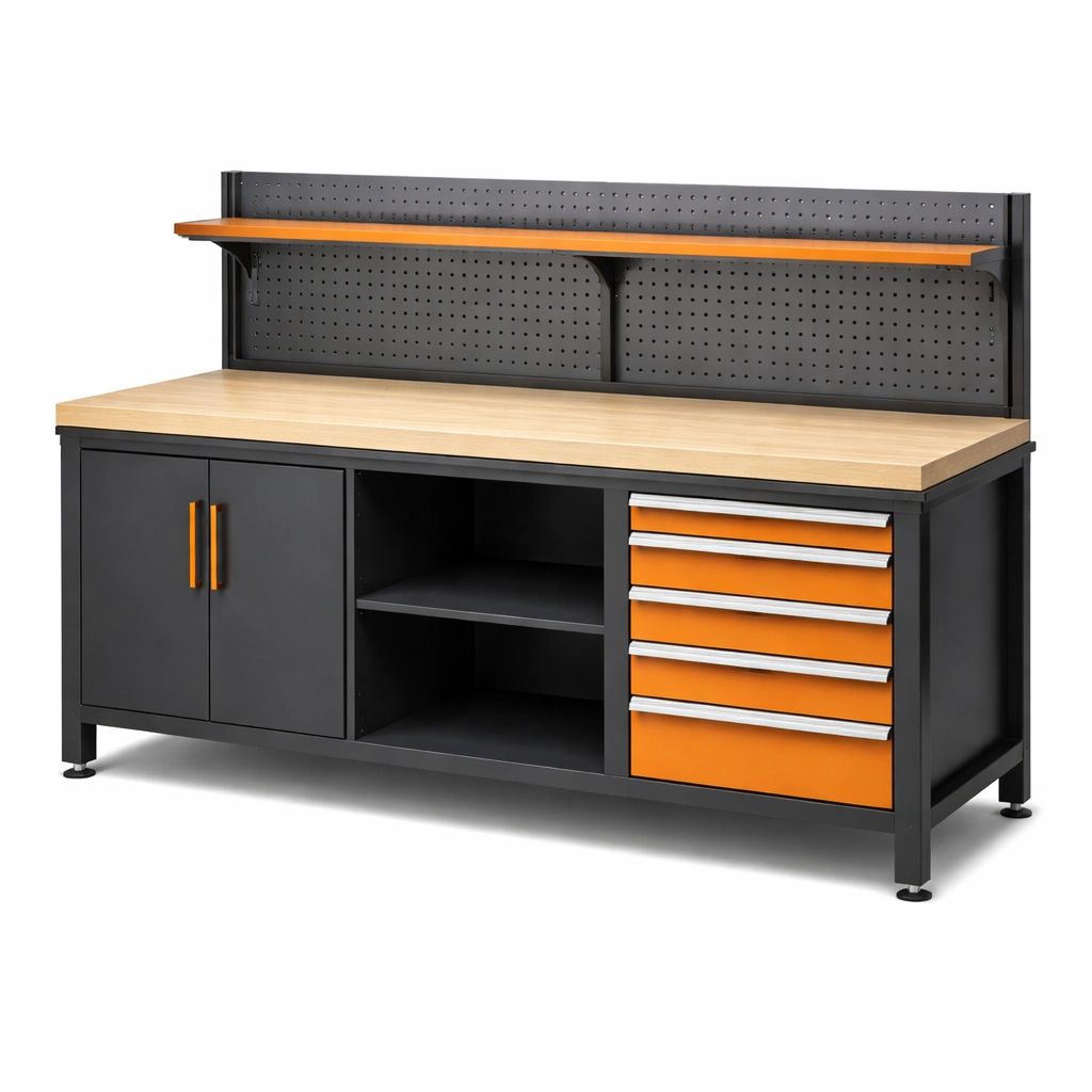 Banco de trabajo de metal con cajones y encimera de madera laminada negro naranja-nestmira