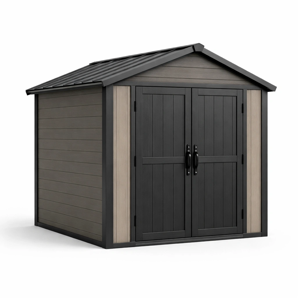 Cobertizo de jardín de resina con puertas dobles gris negro-decozorae