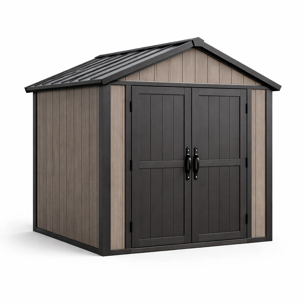Cobertizo de jardín de resina y acero 257x255x226 cm marrón negro-decozorae