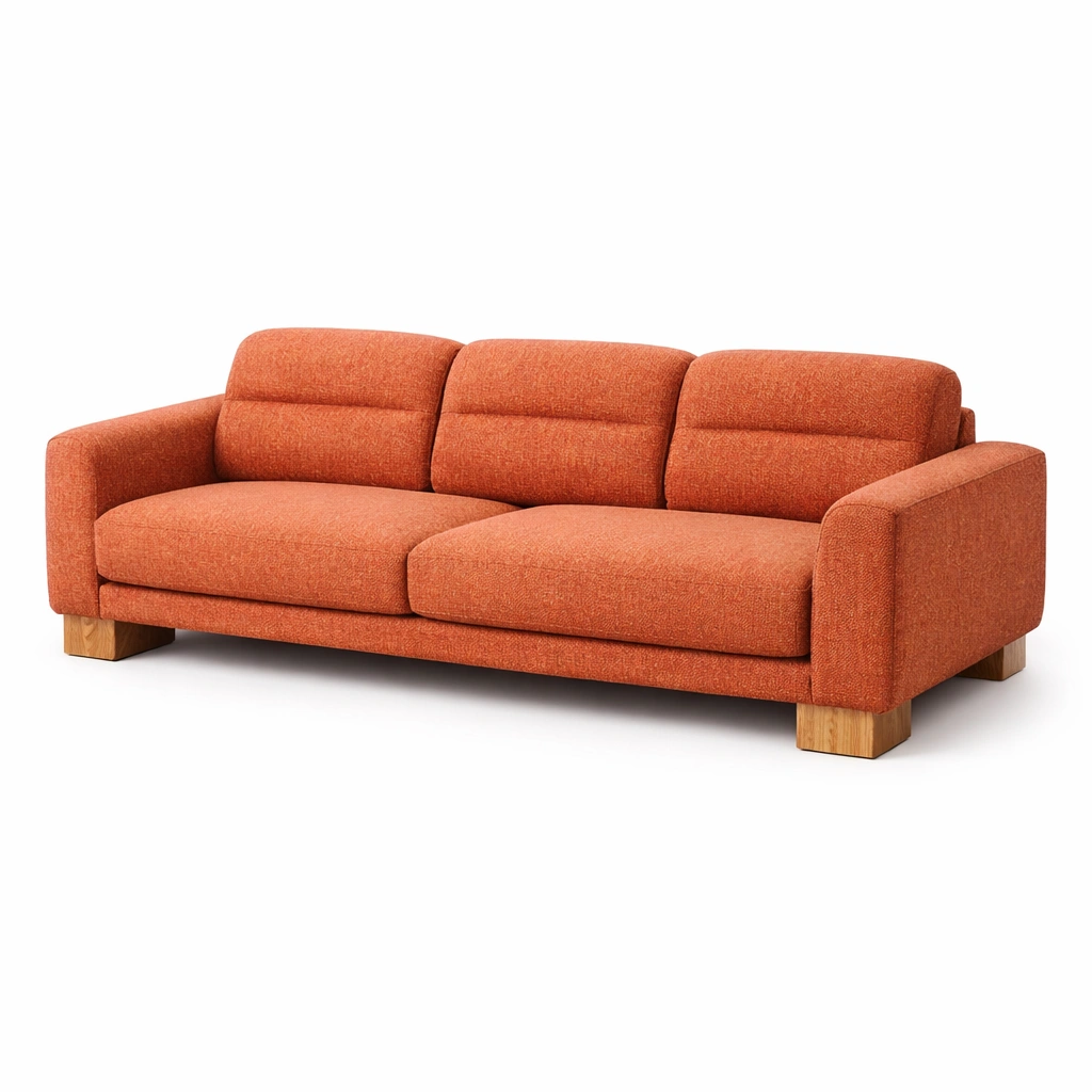 Sofá de tela de poliéster naranja con patas de madera-decozorae