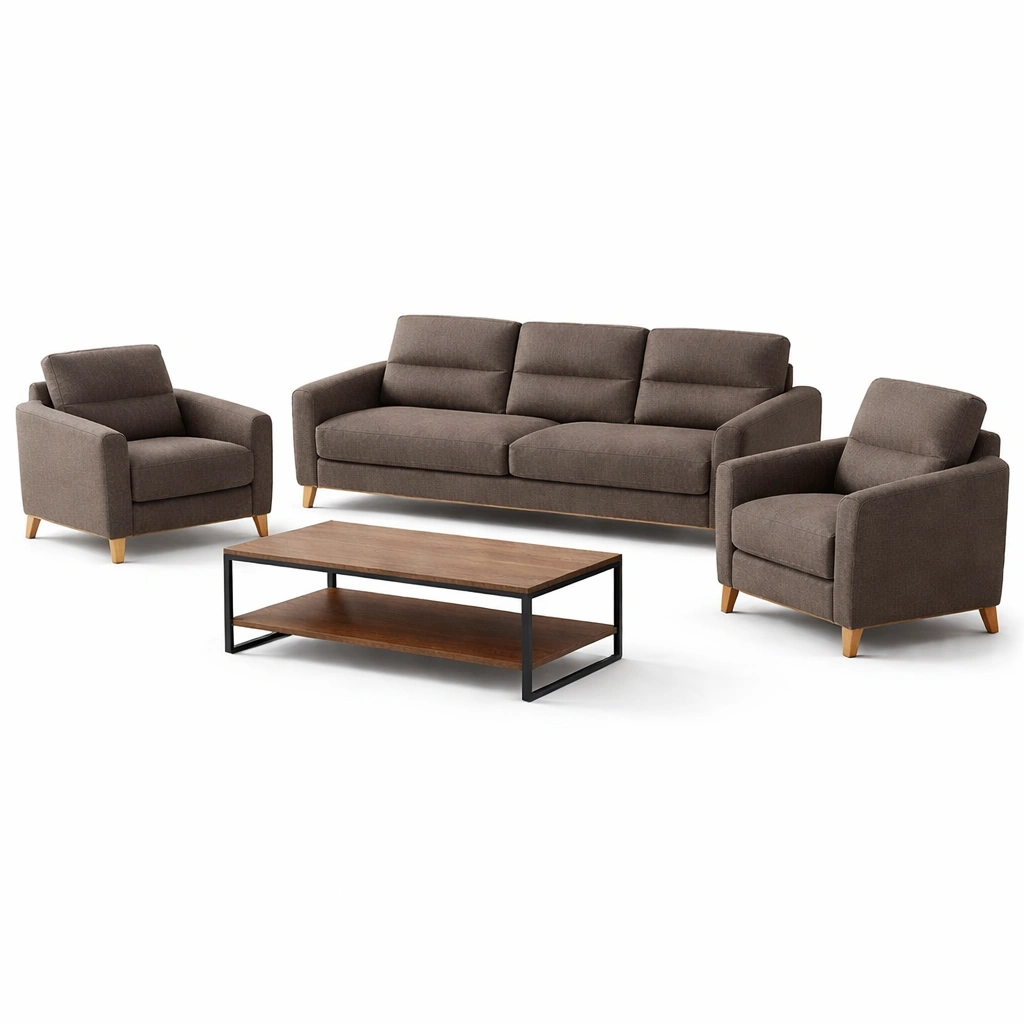 Conjunto de sofás de tela marrón con mesa de centro de madera y metal-decozorae