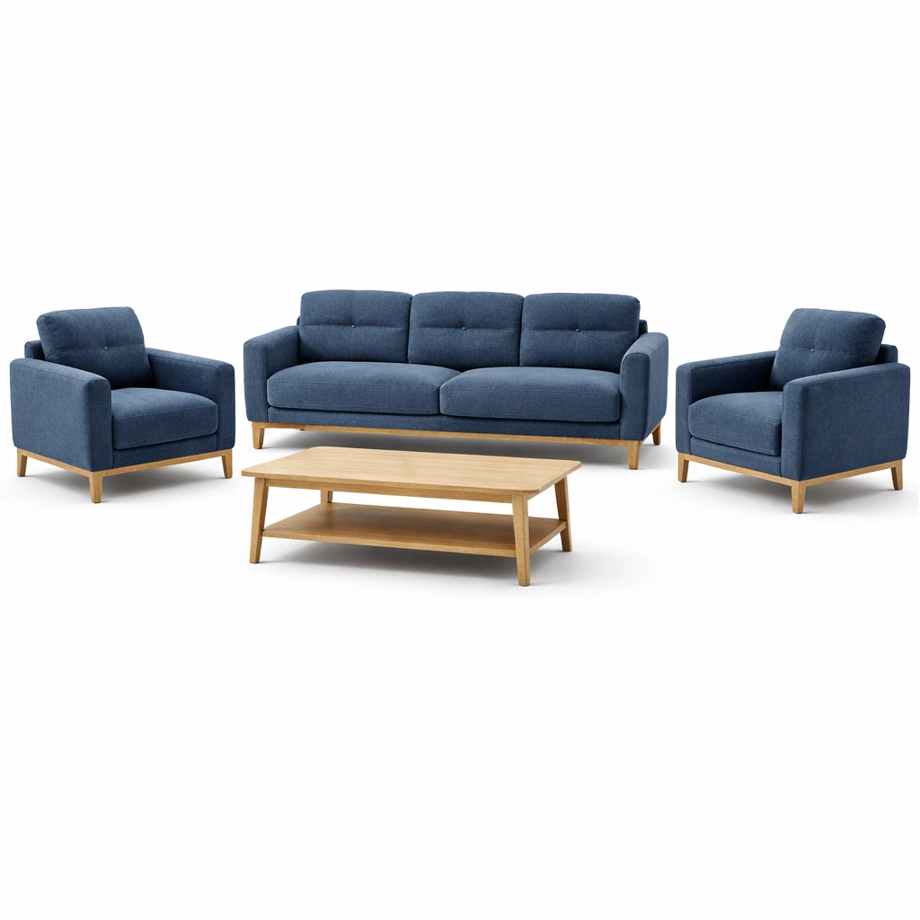 Conjunto de sofás de roble y poliéster azul con mesa de centro-decozorae