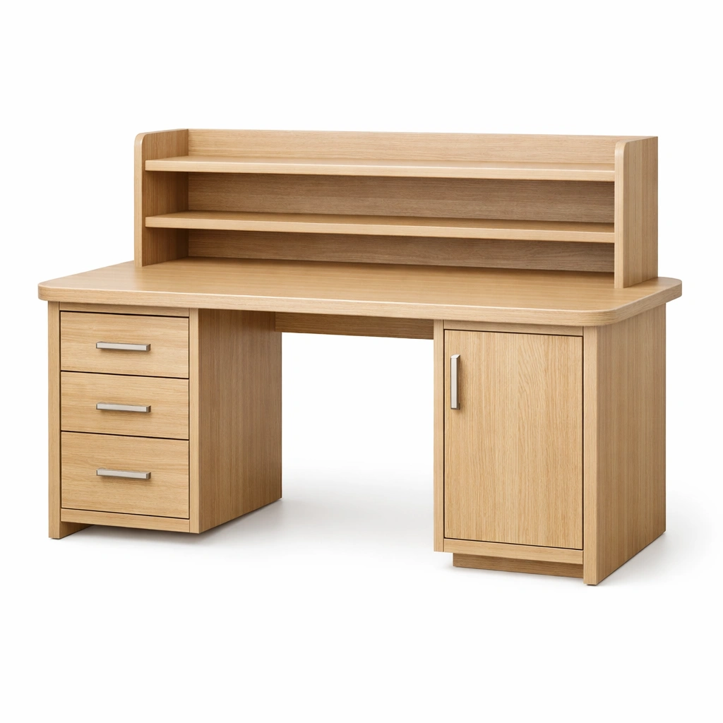 Escritorio de madera con cajones y estantería superior natural-decozorae