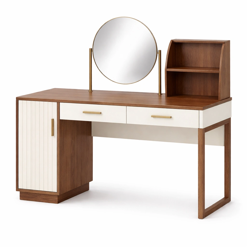 Tocador de madera con espejo redondo y estantes-decozorae