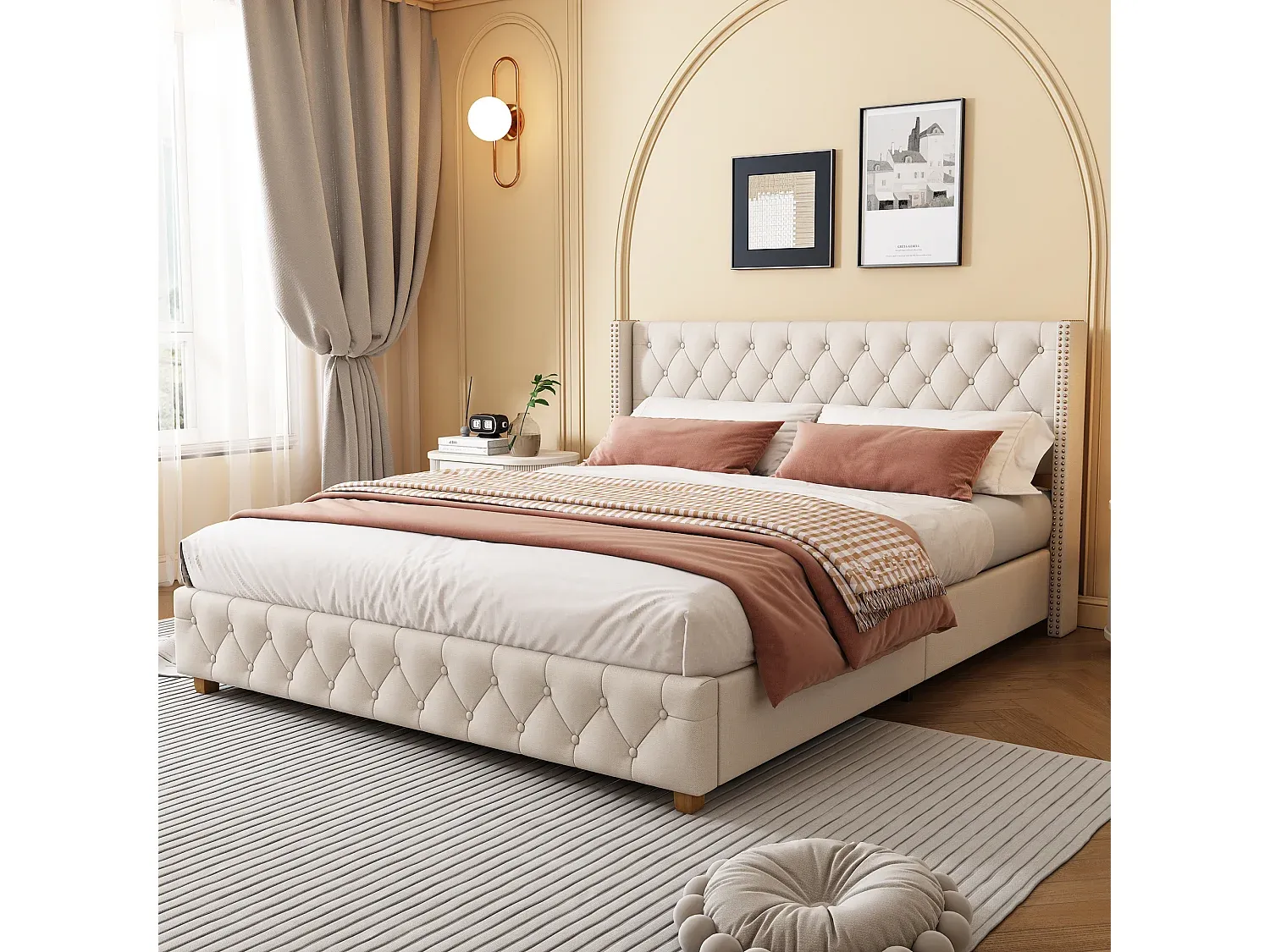 Rosa Samt-Polsterbett 90 x 200 cm mit dekorativem Kopfteil