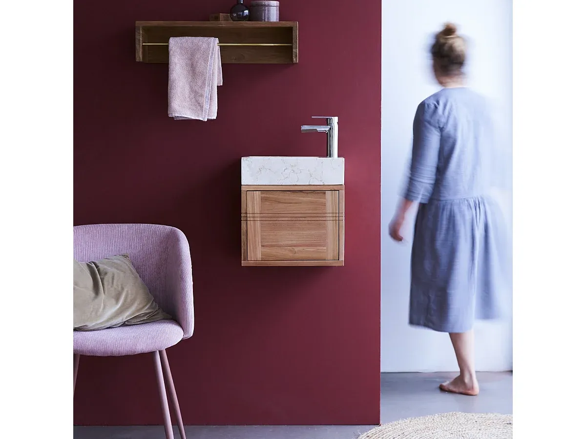 Teakholz-Unterschrank mit grauem Marmor-Waschbecken