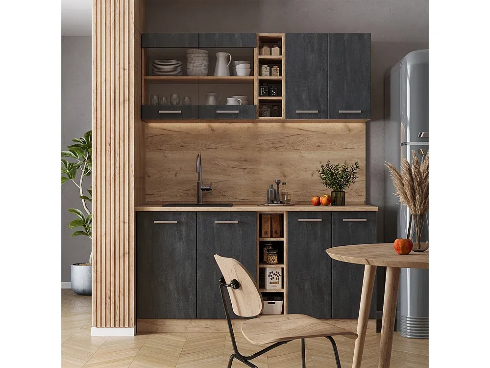 Moderne Küchenzeile in Edelgrau mit Eichedekor, 160 cm