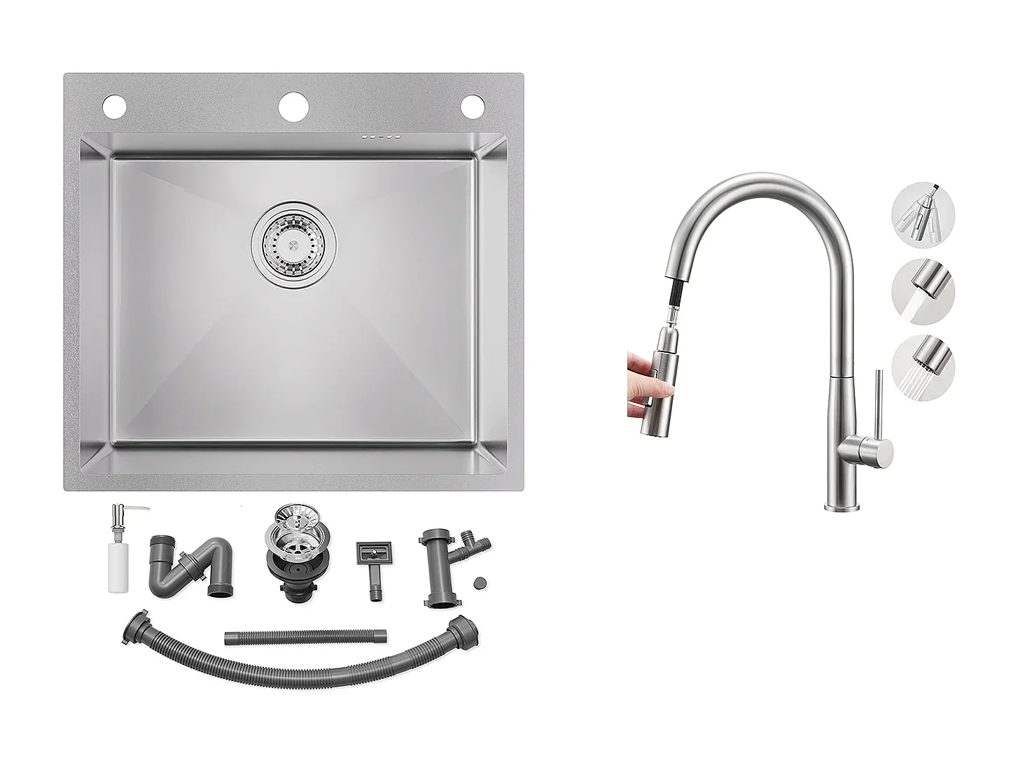 Einbauspüle mit Seifenspender und ausziehbarer Küchenarmatur, gebürstet