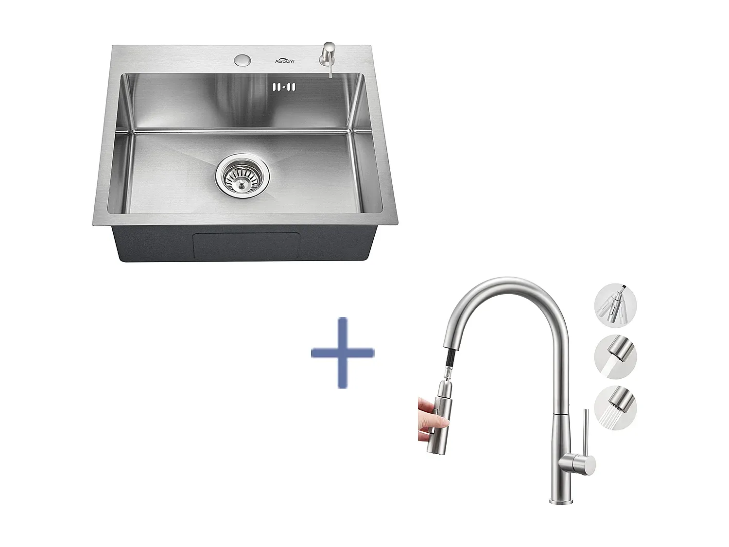 Küchenspüle mit Seifenspender und Ausziehbrause, Zwei Modi, Gebürstet