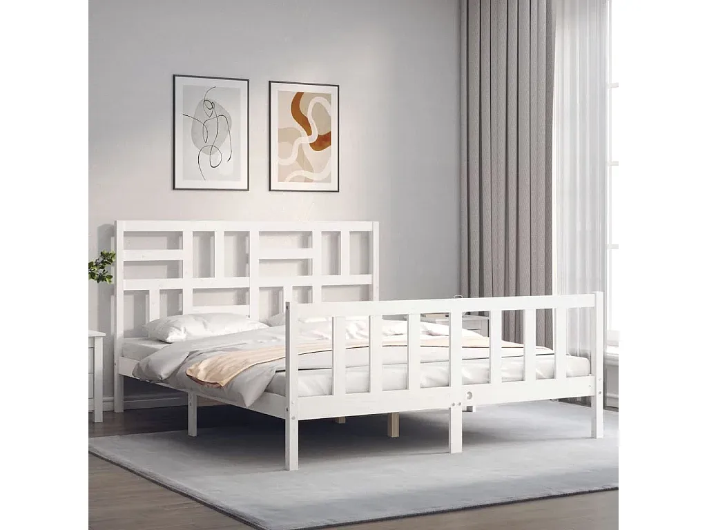 Doppelbett aus Massivholz mit Kopfteil 160x200 cm Weiß