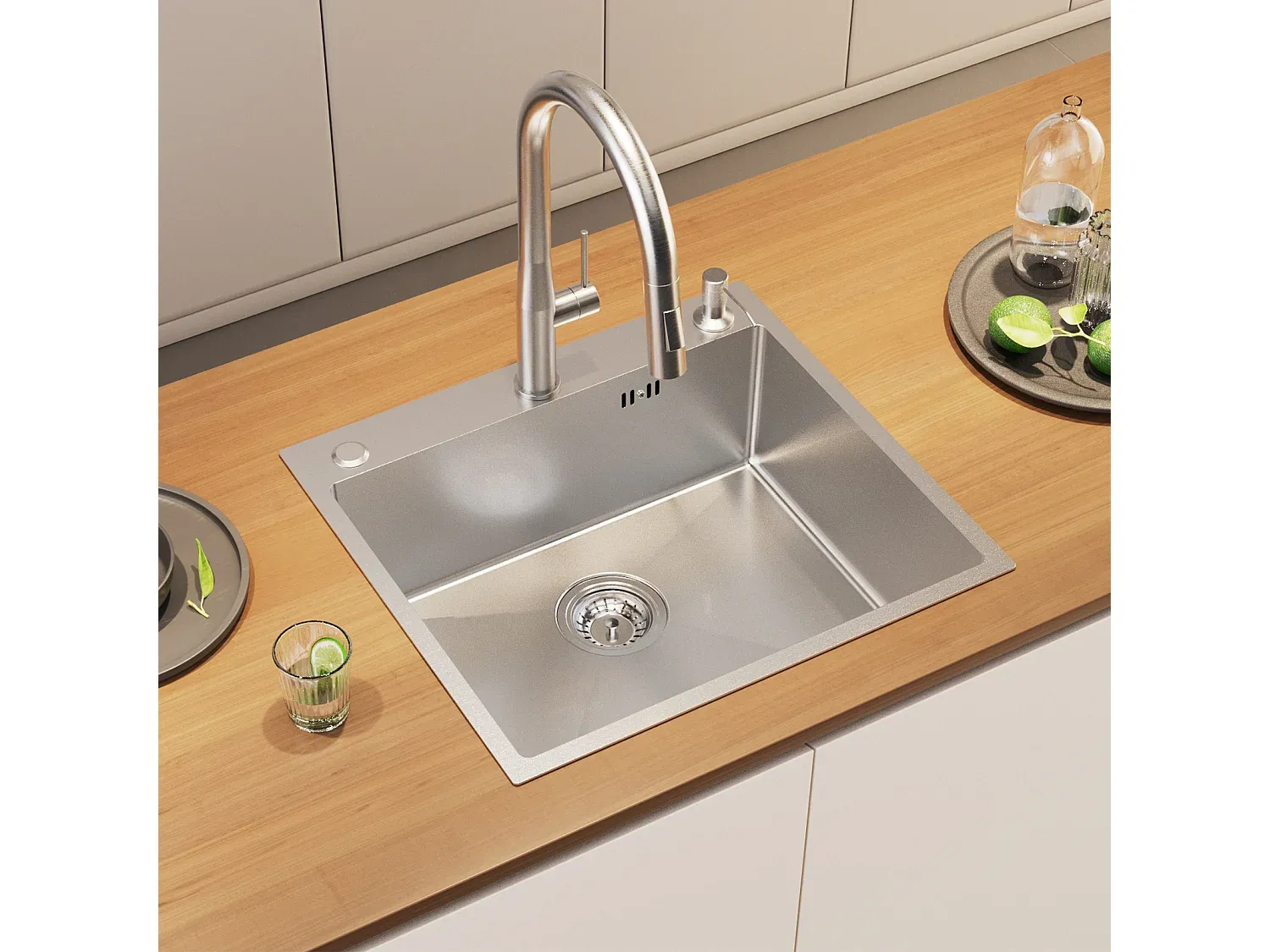 Einbauspüle mit Seifenspender und ausziehbarer Küchenarmatur, gebürstet