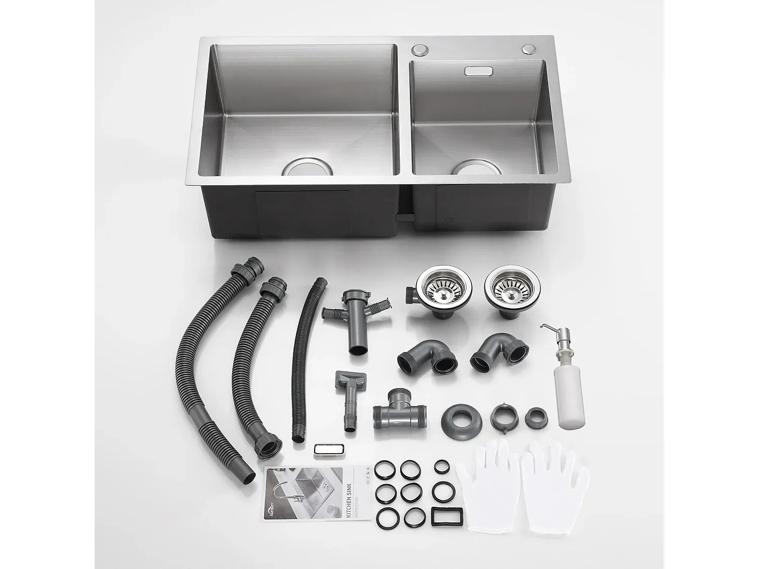 Edelstahl-Doppelspüle 75x45x19cm mit Seifenspender und Befestigungslöchern