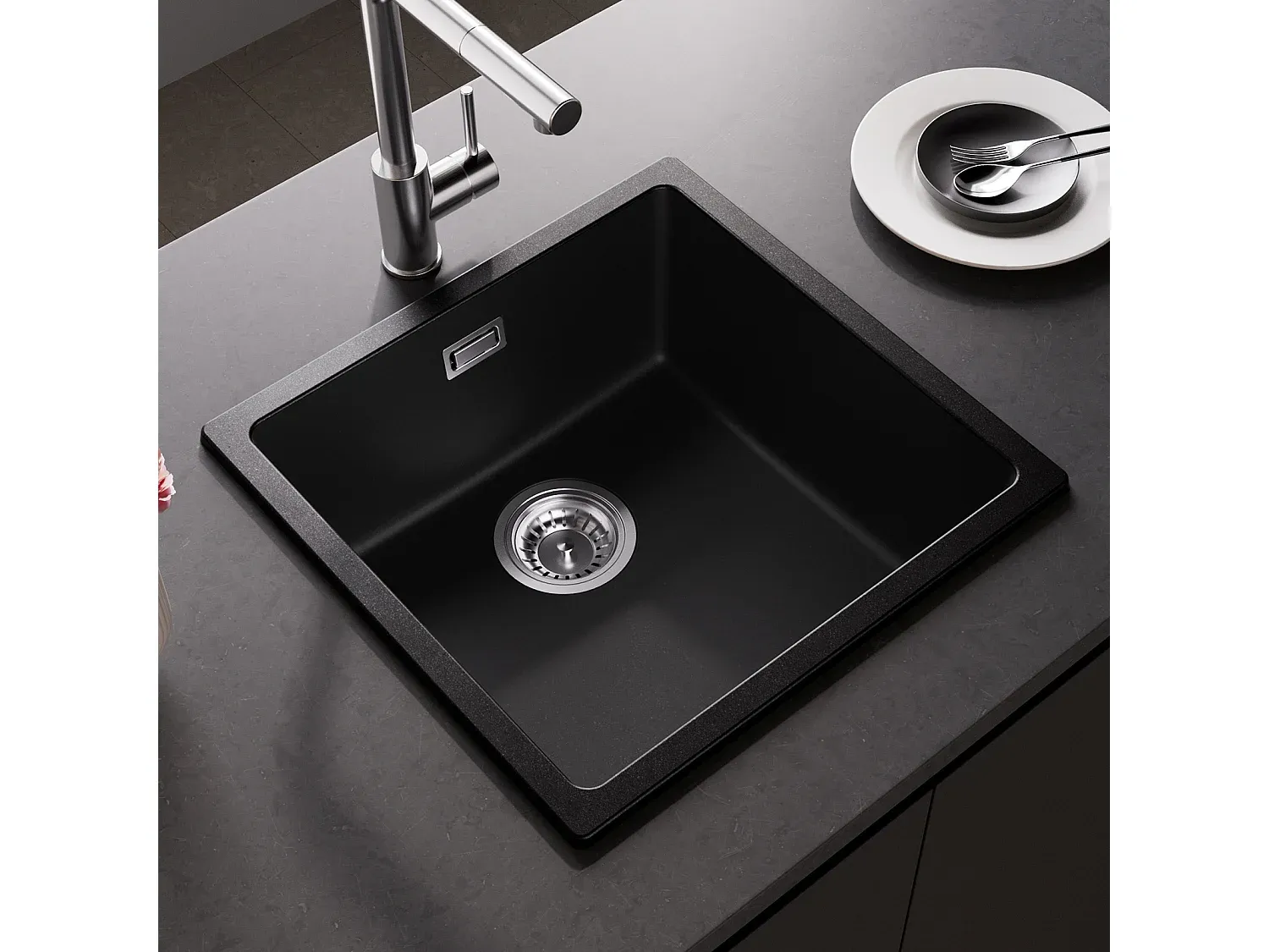 Quadratisches Waschbecken mit Einhebelmischer, Schwarzgrau, 45x44x20 cm