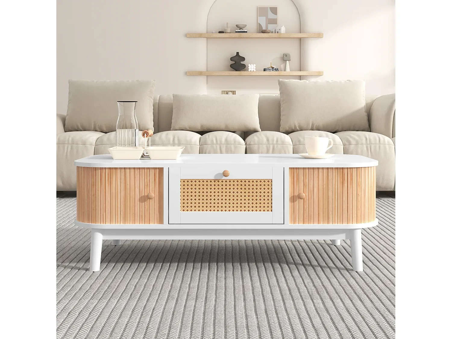 Moderner Couchtisch aus Rattan mit Stauraum