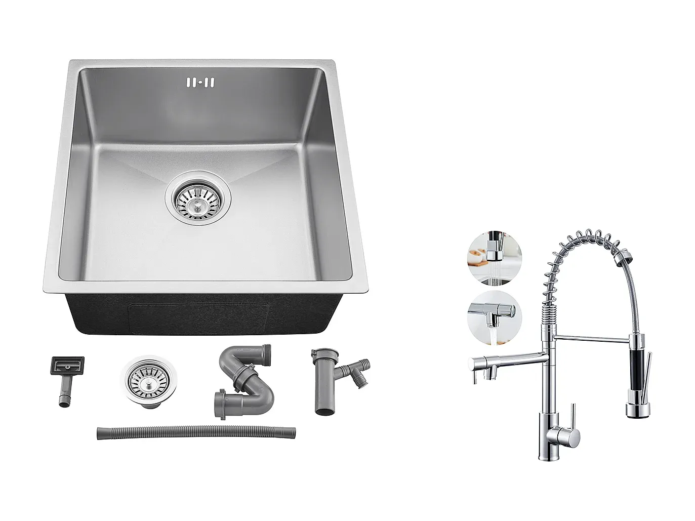 Küchenspüle aus Edelstahl mit drehbarer Armatur und ausziehbarer Brause