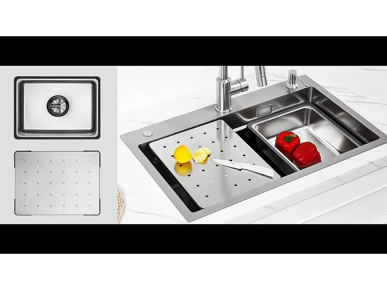 Edelstahl Küchenspüle mit Abtropffläche und Ausziehbarer Brause, Schwarz