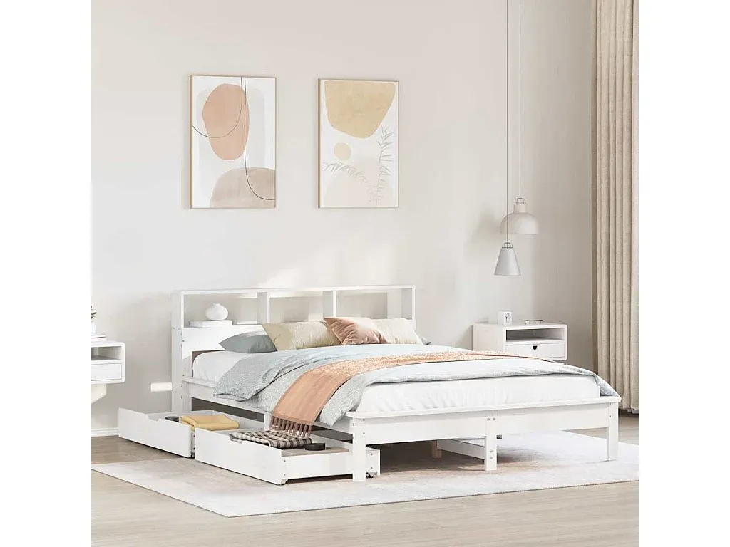 Holzbett mit integriertem Regal, ohne Matratze, 140x190 cm, Weiß