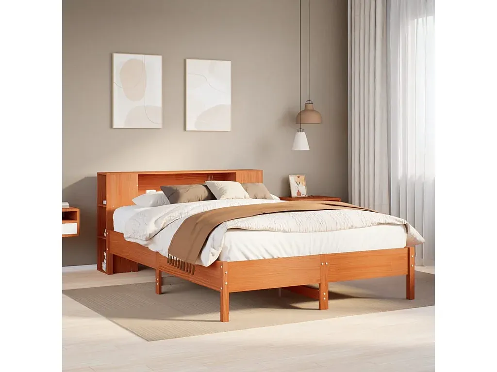 Holzbett mit integriertem Regal, wachsbraun, 135x190 cm