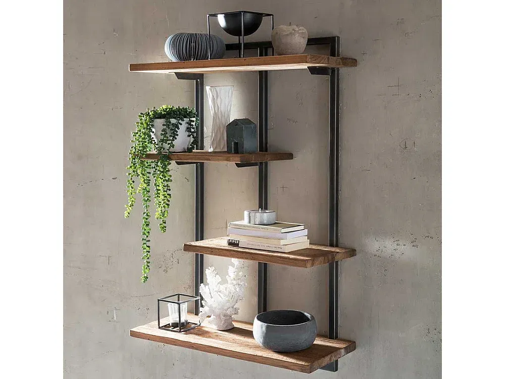 Rustikales Wandregal aus Teakholz und Metall mit vier Ebenen