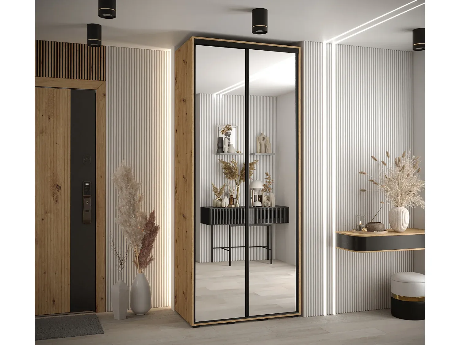 Großer Schwebetürenschrank mit zwei Türen in Holzoptik