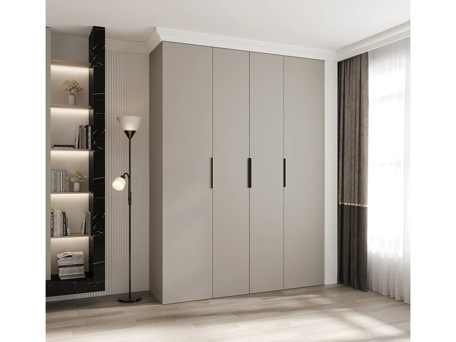 Moderner Kleiderschrank mit Schiebetüren, 4-türig, kaschmir/schwarz