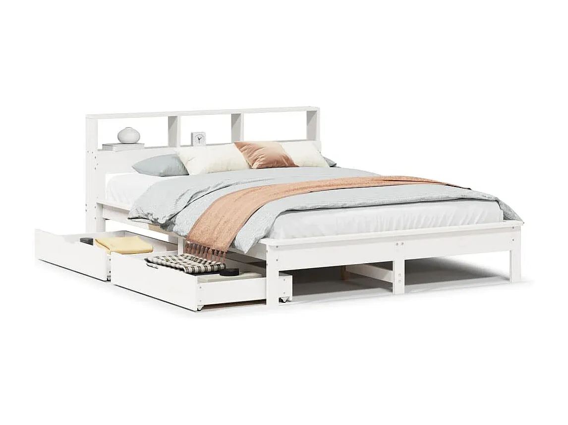 Holzbett mit integriertem Regal, ohne Matratze, 140x190 cm, Weiß