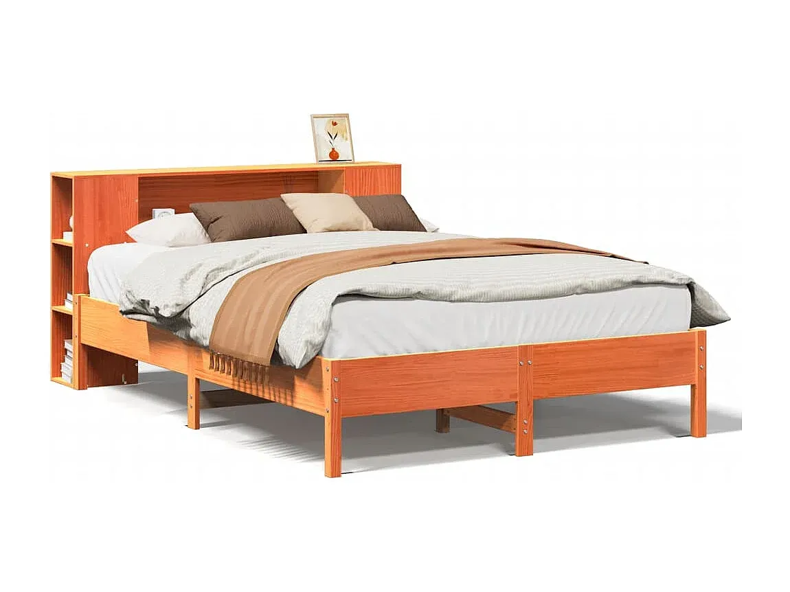 Holzbett mit integriertem Regal, wachsbraun, 135x190 cm