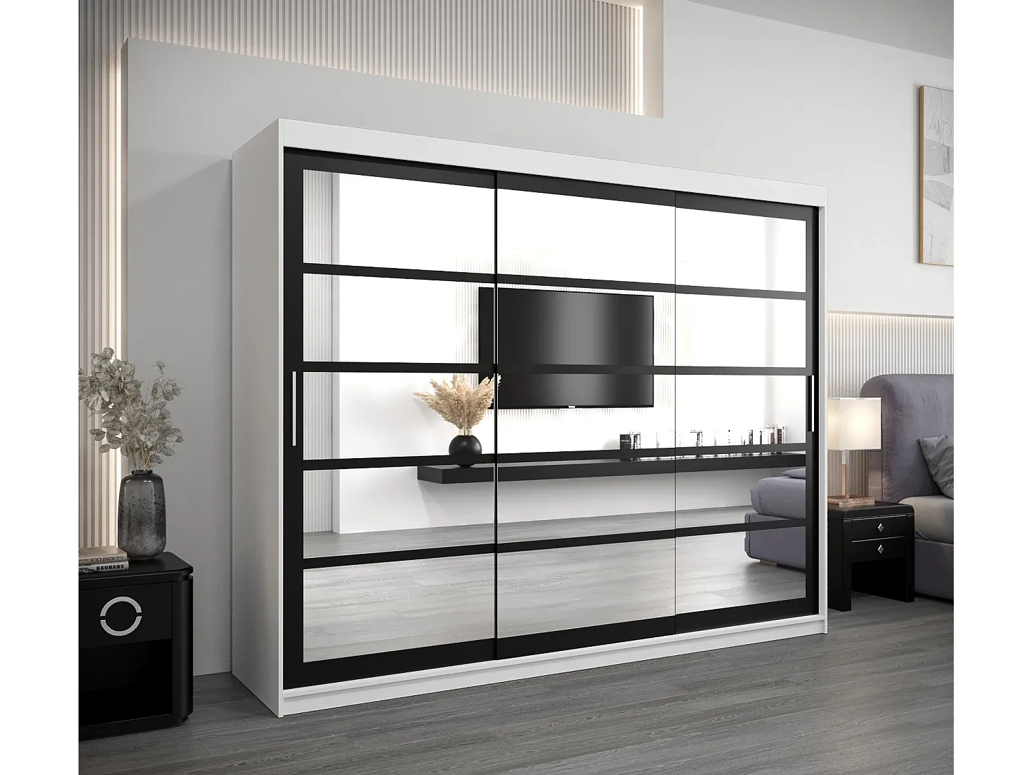 Moderner Schwebetürenschrank in Weiß und Schwarz