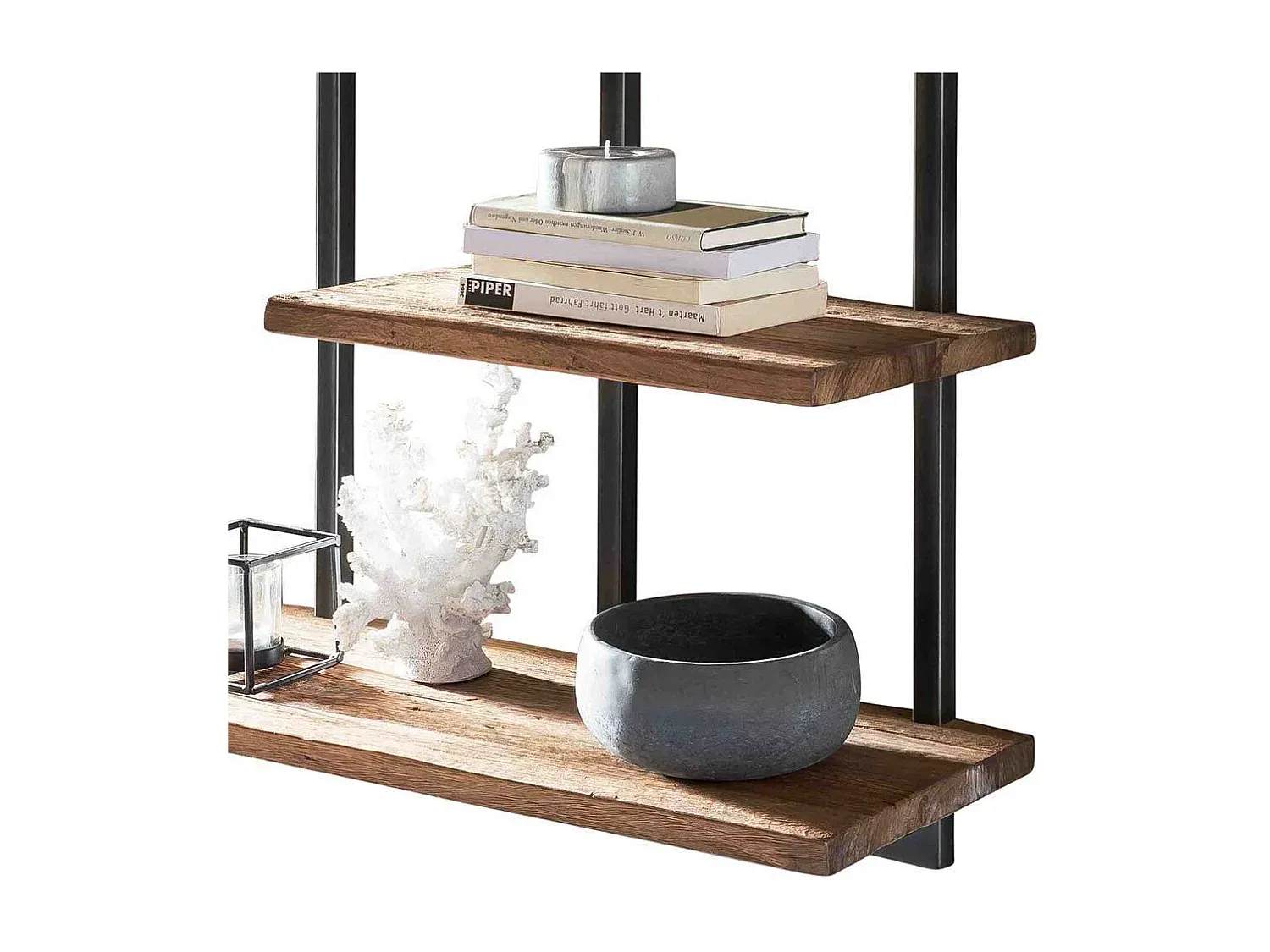 Rustikales Wandregal aus Teakholz und Metall mit vier Ebenen