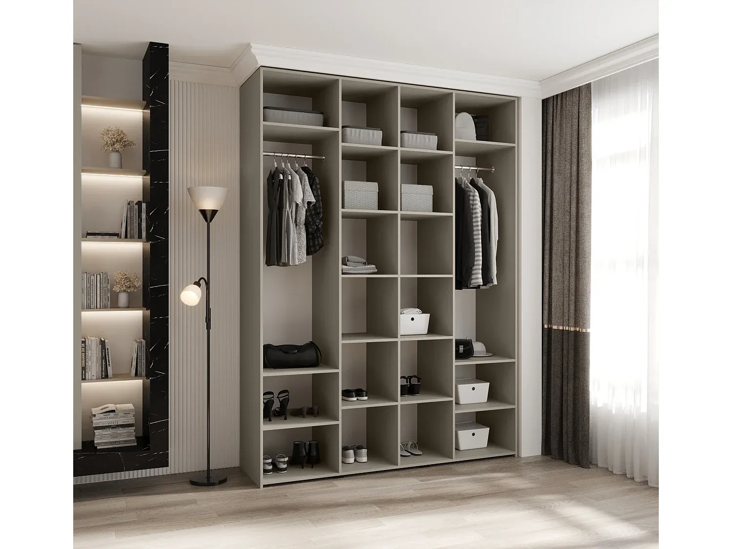 Moderner Kleiderschrank mit Schiebetüren, 4-türig, kaschmir/schwarz