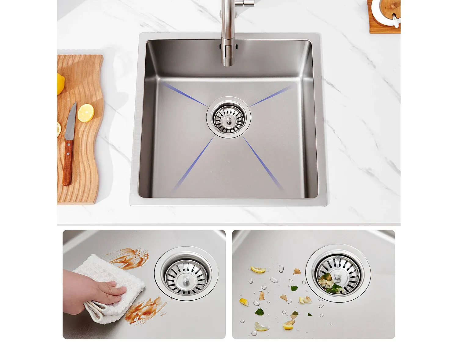 Küchenspüle aus Edelstahl mit drehbarer Armatur und ausziehbarer Brause