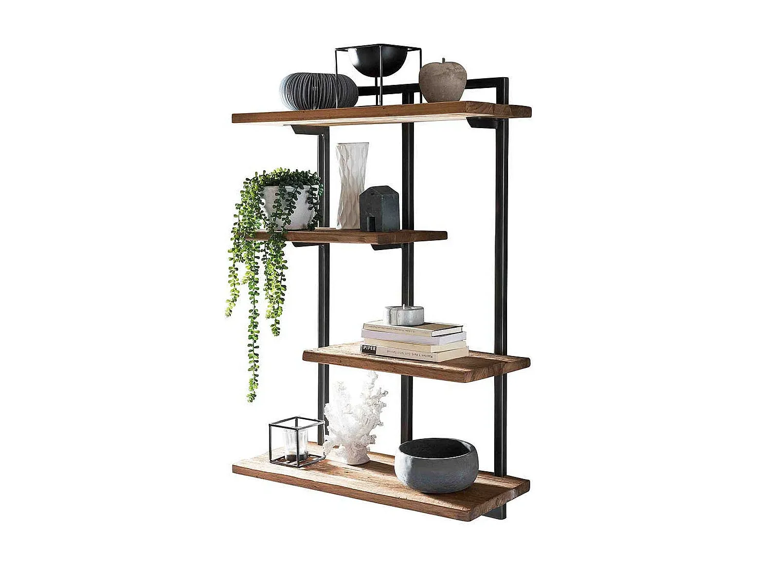 Rustikales Wandregal aus Teakholz und Metall mit vier Ebenen