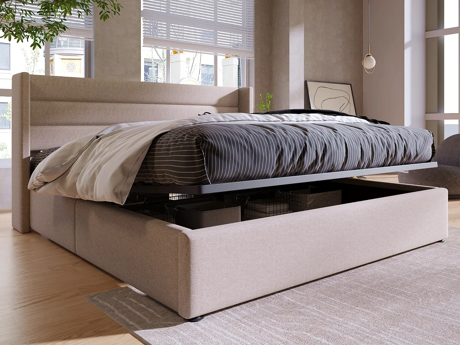 Stauraumbett für Erwachsene 160 x 200 cm aus Leinenstoff mit Lattenrost in Beige