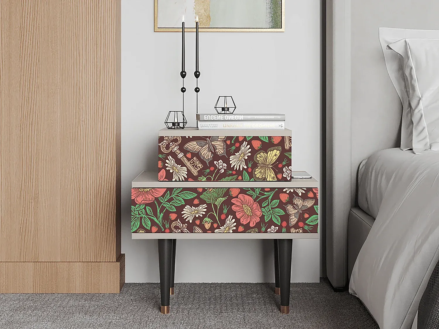 Moderner Nachttisch mit Schubladen - Sandfarben