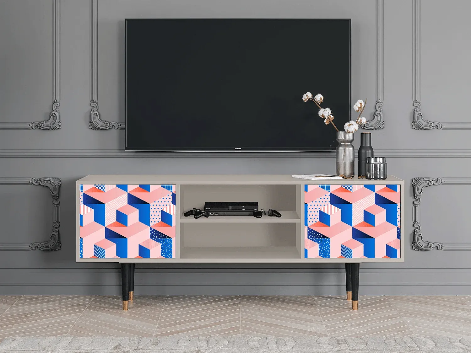 Moderner TV-Schrank in Rosa und Sand