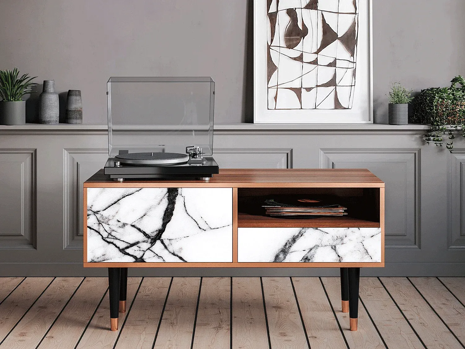 Moderner TV-Schrank mit Marmor-Optik und Walnuss