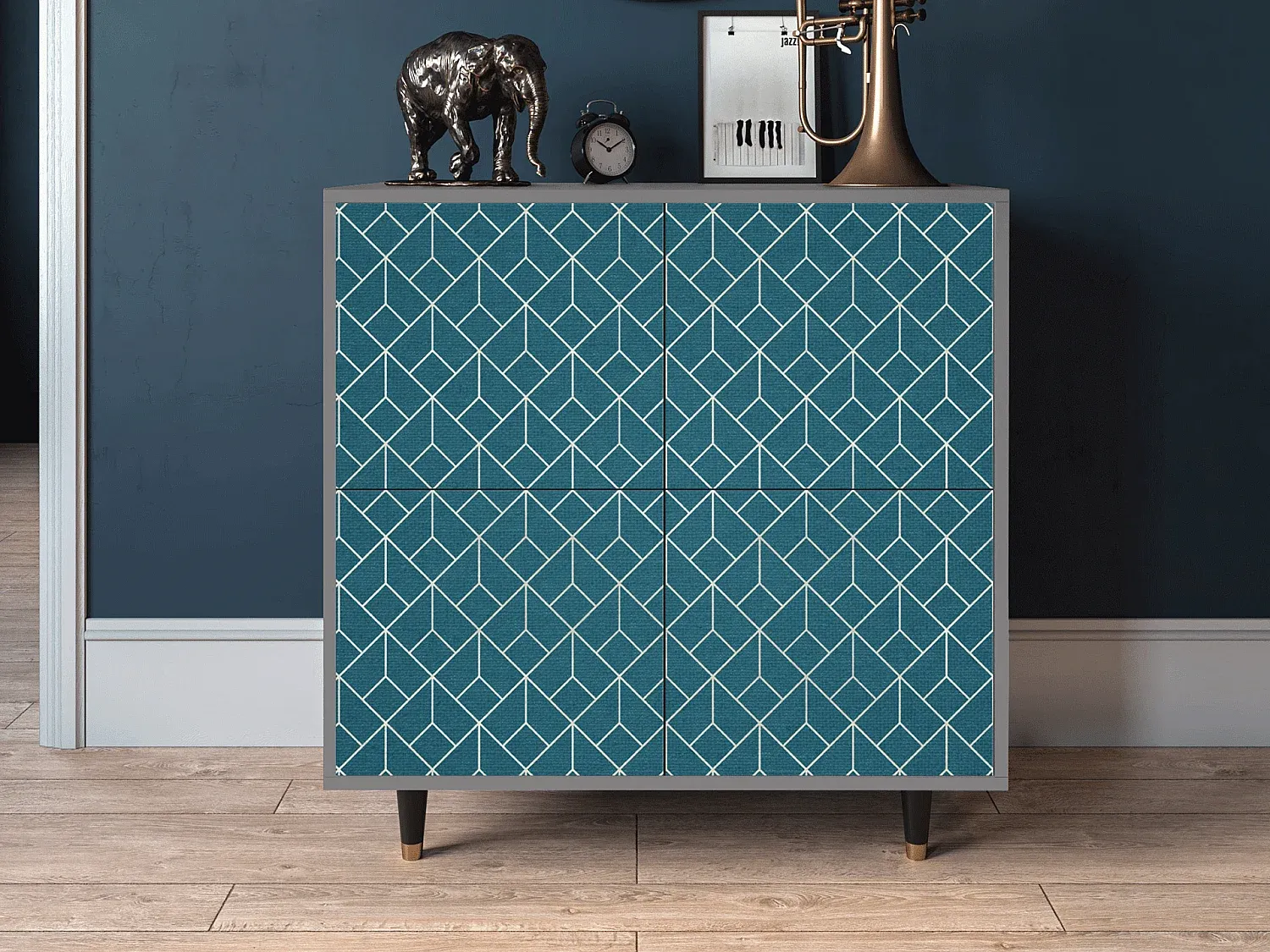 Modernes Sideboard in Türkis und Grau mit geometrischem Muster