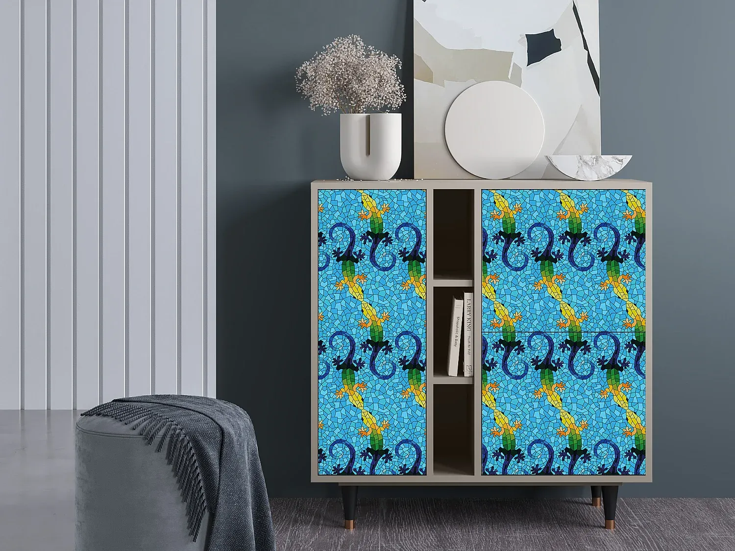 Schmales Sideboard aus Holz mit Stauraum, Sandfarbe