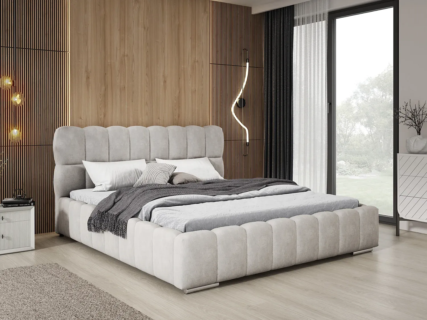 Großes Polsterbett 200x200 mit Bettkasten und Kopfteil, Hellgrau Samt